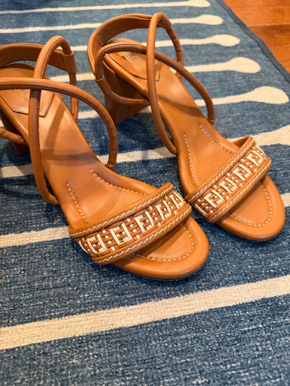 Fendi Tan Braided Leather Strappy Heeled Sandals